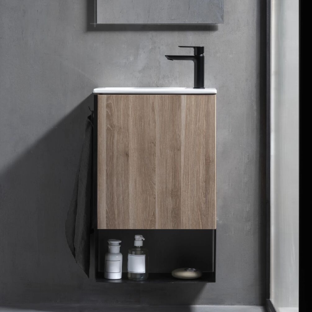 Lifestyle image of the Roca Mini Pro Birch Vanity Unit & Basin mounted on a grey bathroom wall